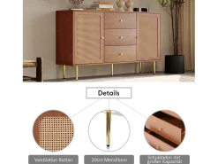 Cômoda com 2 portas e 3 gavetas, padrão rattan, MDF + aglomerado + metal, cor nogueira - H90/L150/D40 cm