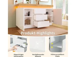 Cômoda com 2 portas e 3 gavetas - 140 x 39 x 81 cm - LEDs - Aglomerado - para sala, quarto - Branco