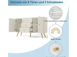 Cômoda com 2 portas e 3 gavetas, 140 x 40 x 84 cm, Aglomerado + metal, Branco Creme