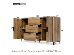 Cômoda com 2 portas e 3 gavetas, 120 x 40 x 76 cm, Aglomerado + metal, Carvalho escuro