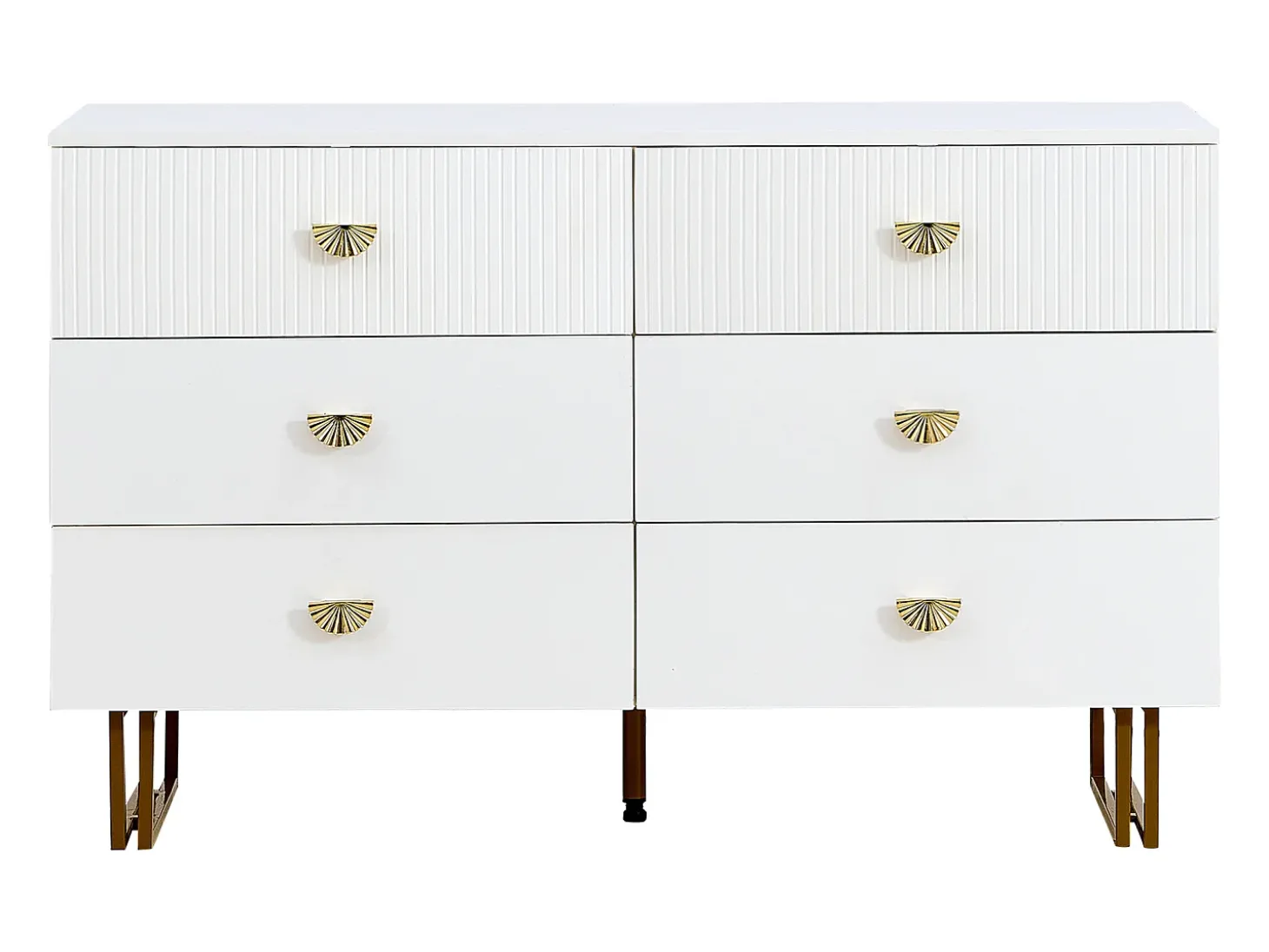 Cómoda com espelho - 6 gavetas - puxadores dourados em forma de leque - Branco