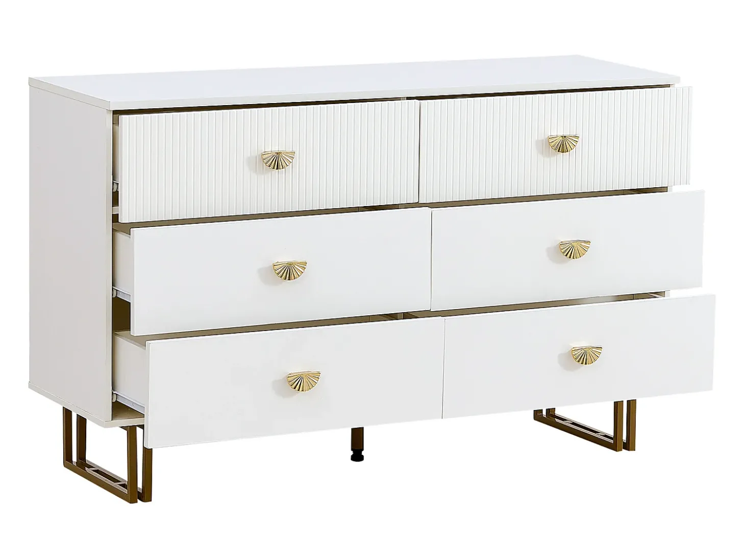 Cómoda com espelho - 6 gavetas - puxadores dourados em forma de leque - Branco