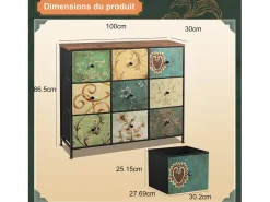 Cómoda de 100 cm - com 9 gavetas de arrumação e puxadores pretos, Padrão vintage - Verde