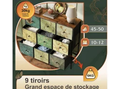 Cómoda de 100 cm - com 9 gavetas de arrumação e puxadores pretos, Padrão vintage - Verde
