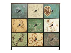 Cómoda de 100 cm - com 9 gavetas de arrumação e puxadores pretos, Padrão vintage - Verde
