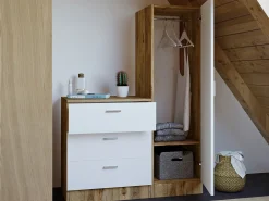 Cômoda de 3 gavetas com armário e espelho em branco e natural - VITORIO