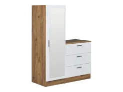 Cômoda de 3 gavetas com armário e espelho em branco e natural - VITORIO