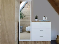 Cômoda de 3 gavetas com armário e espelho em branco e natural - VITORIO