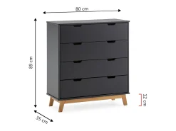Cômoda de Noite Miranda de 4 gavetas Antracite, MDF Lacado, Pernas de Madeira e corrediças metálicas.