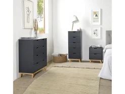 Cômoda de Noite Miranda de 4 gavetas Antracite, MDF Lacado, Pernas de Madeira e corrediças metálicas.