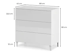 Cômoda de quarto com 3 gavetas, branco brilhante, 80x80x40 cm