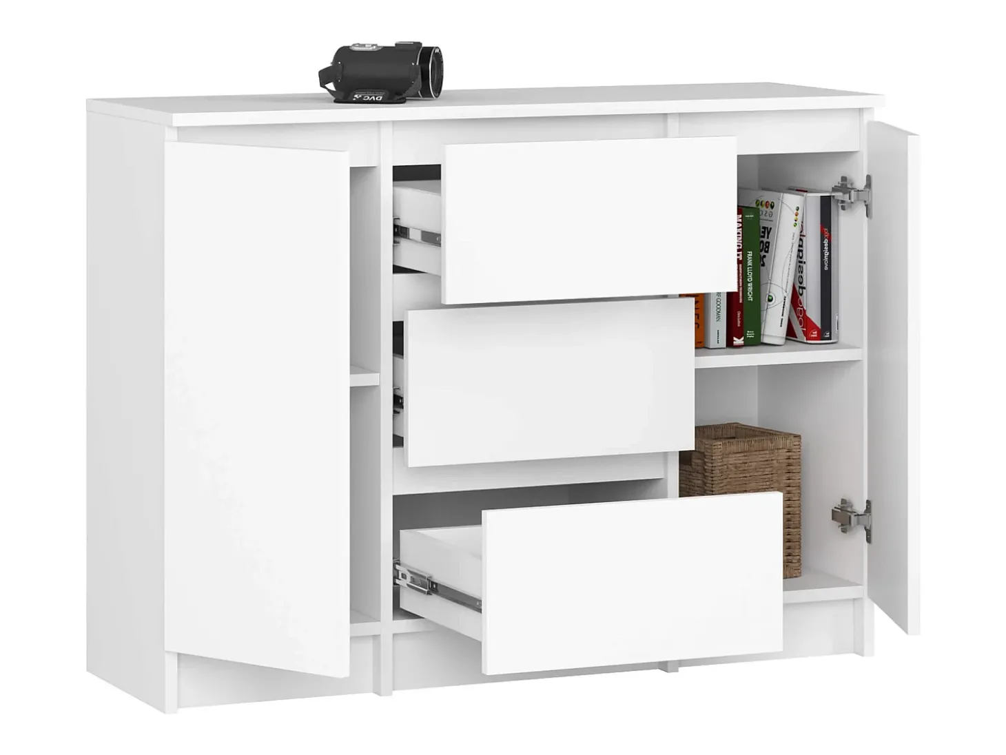 Cômoda Elegante K100 - 2 Portas & 3 Gavetas, Branco Matte