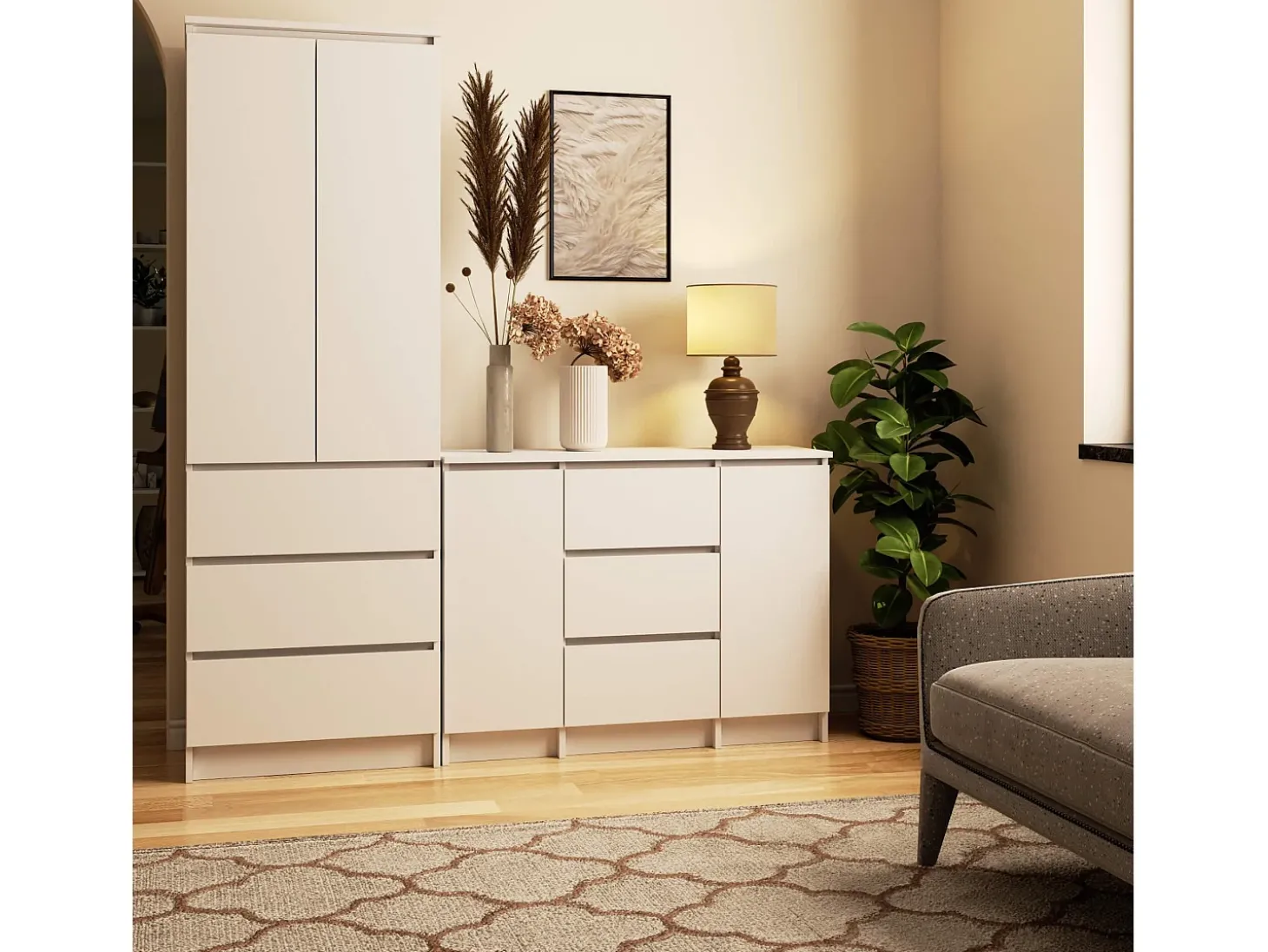 Cômoda Elegante K100 - 2 Portas & 3 Gavetas, Branco Matte