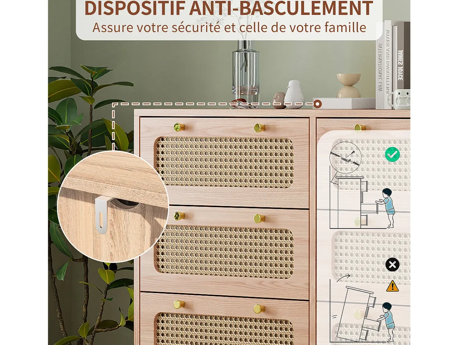 Cômoda em carvalho e efeito cana de rattan com 6 gavetas