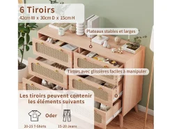 Cômoda em carvalho e efeito cana de rattan com 6 gavetas