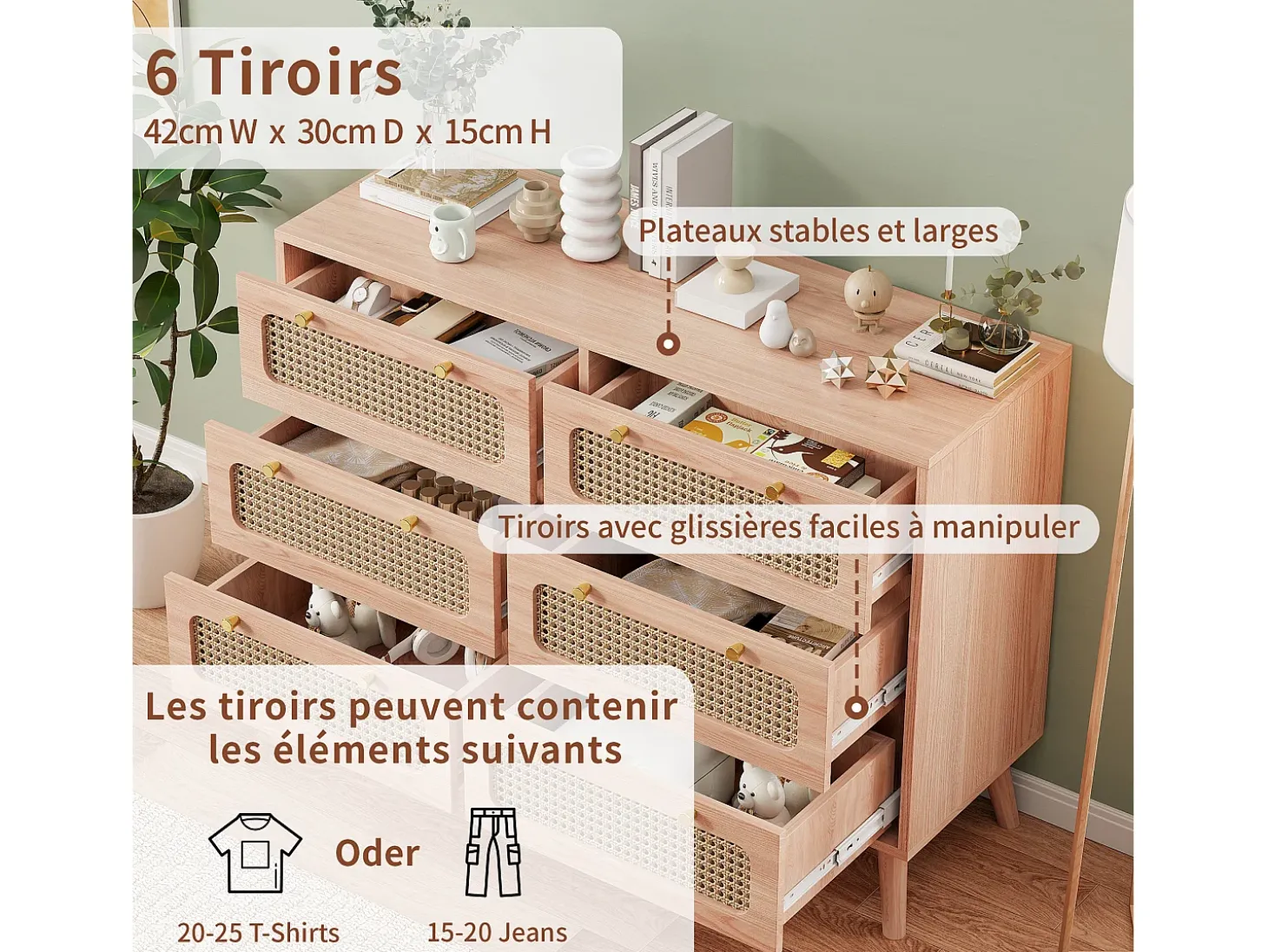 Cômoda em carvalho e efeito cana de rattan com 6 gavetas