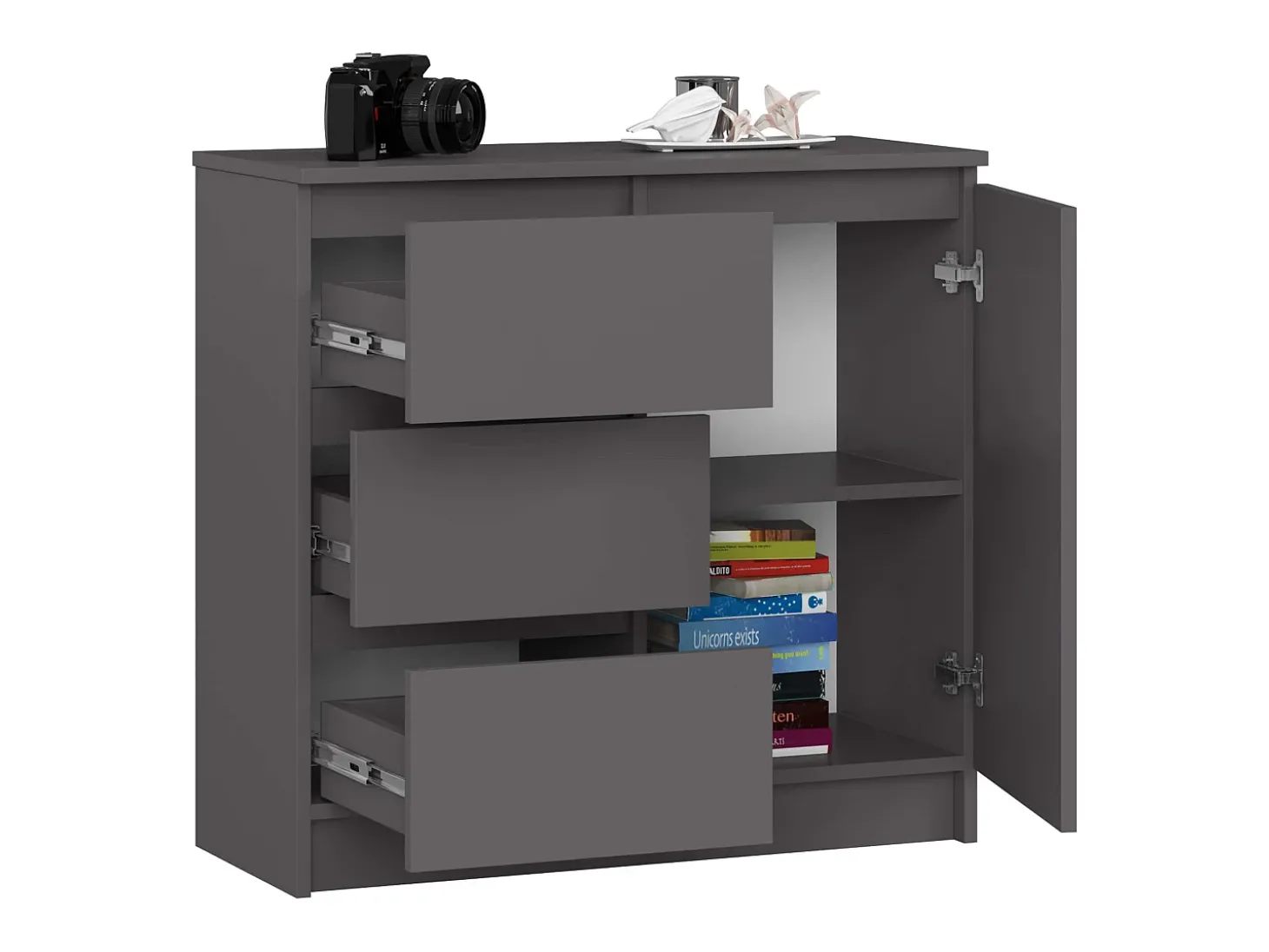 Cômoda Jerry Grafite e Cinza com 3 Gavetas e 2 Prateleiras, 80 cm Largura, Design Moderno em Material Laminado