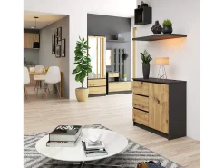 Cômoda Jerry Moderna K80 Cinza Grafite/Carvalho Artisan 3 Gavetas