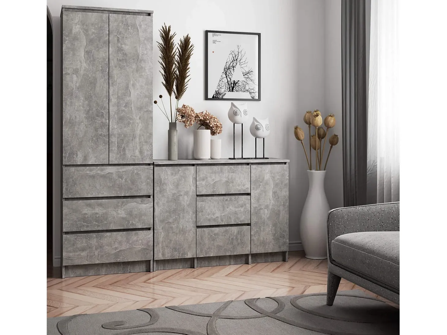 Cômoda K100 2 Portas 3 Gavetas Estilo Clássico Acabamento Beton