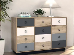 Cômoda KRYPTON com 3 gavetas e 3 portas - Carvalho, branco, cinza