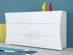 Cômoda Mauro, cômoda com 6 gavetas, cômoda de quarto, 100% Fabricado na Itália, branco brilhante, 155x40h82 cm