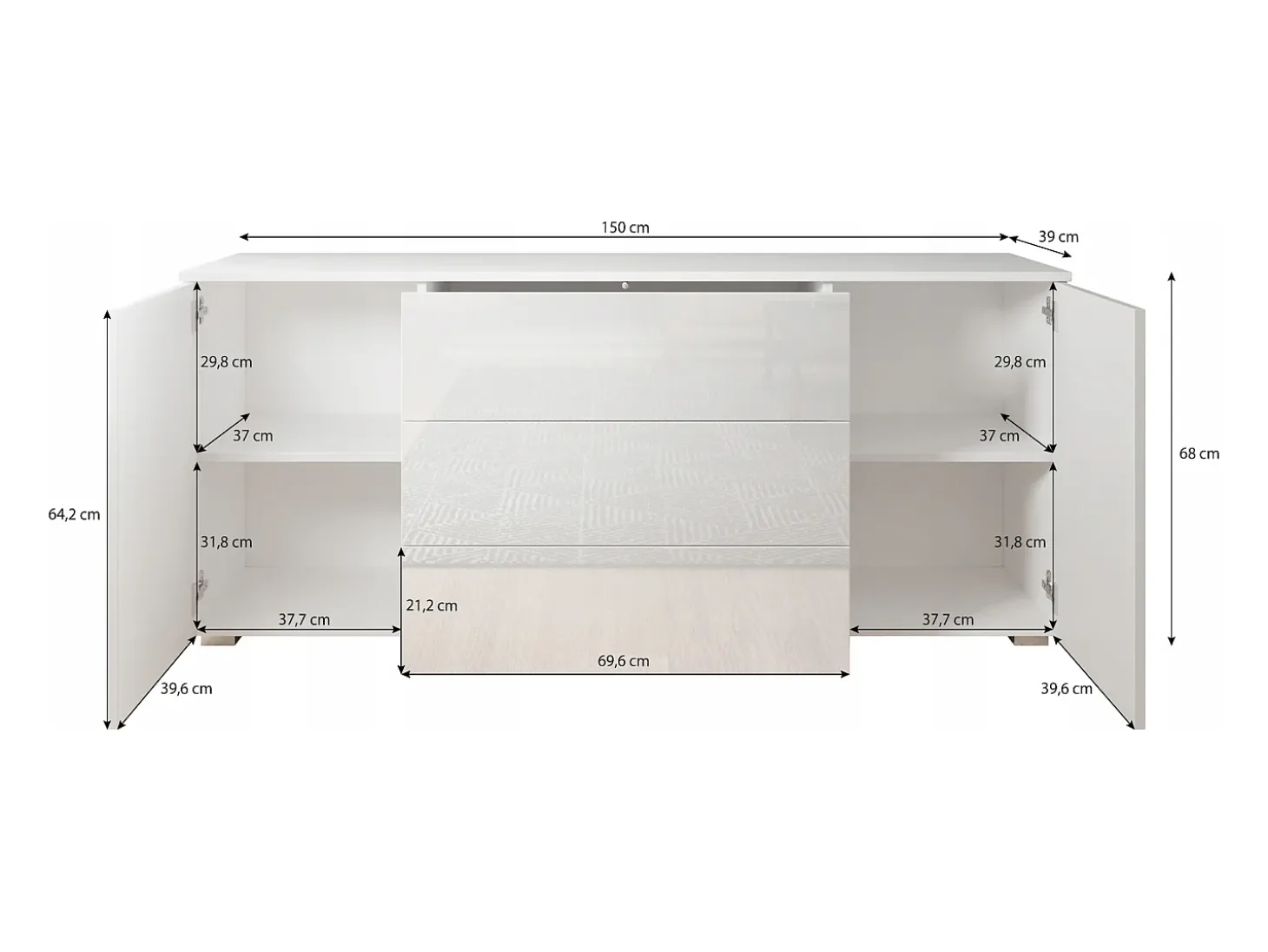 Cômoda moderna 150 cm para sala – cômoda com gavetas e portas, bege caxemira mate