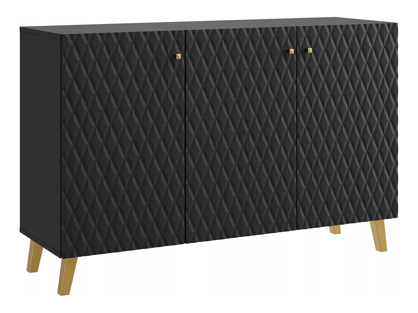 Cómoda moderna 120 cm para sala de estar com pés dourados, grafite preto, frentes em MDF com losangos