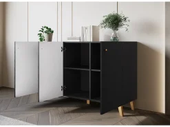 Cómoda moderna 120 cm para sala de estar com pés dourados, grafite preto, frentes em MDF com losangos