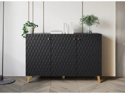 Cómoda moderna 120 cm para sala de estar com pés dourados, grafite preto, frentes em MDF com losangos