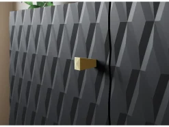 Cómoda moderna 120 cm para sala de estar com pés dourados, grafite preto, frentes em MDF com losangos