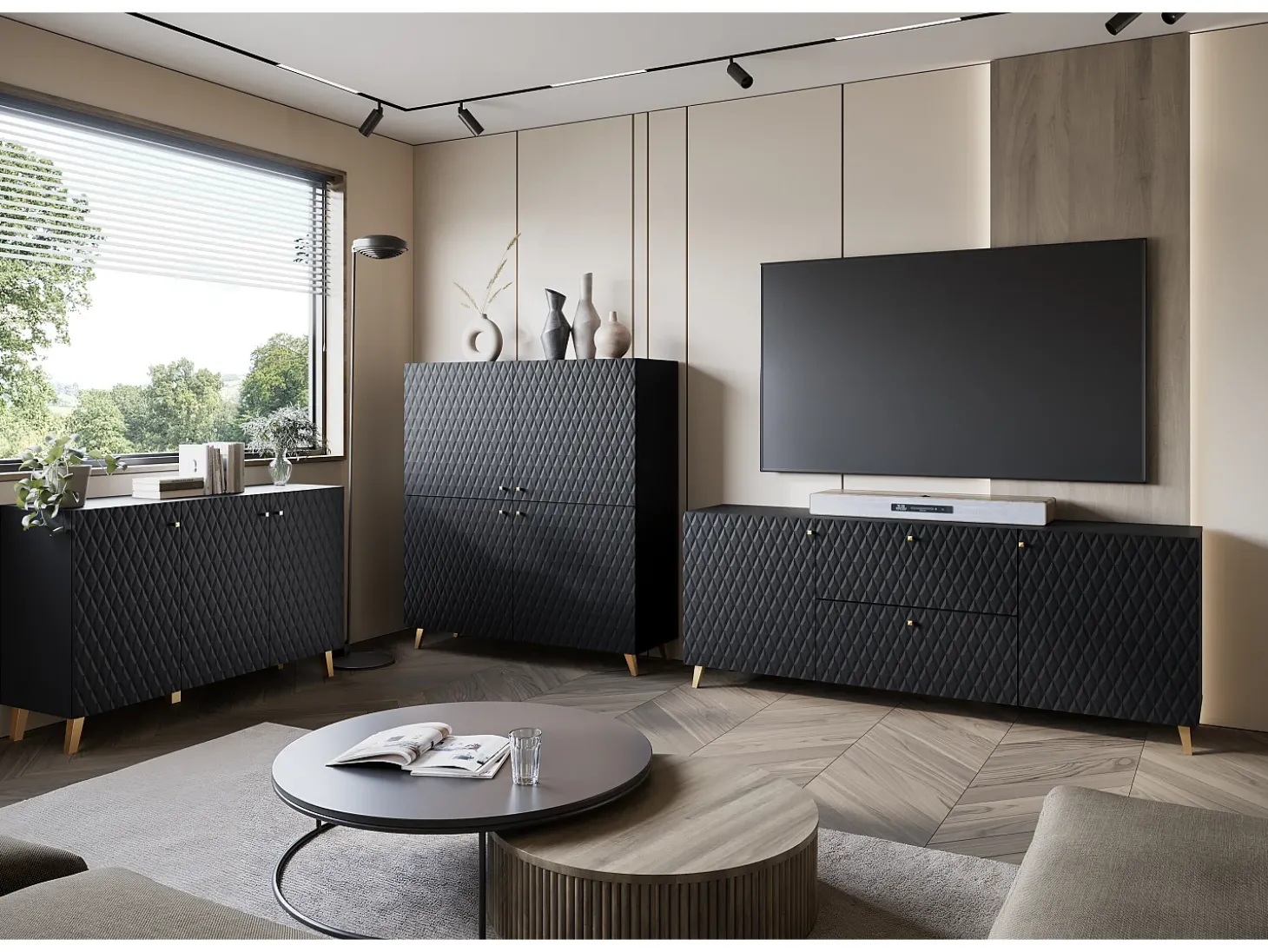 Cómoda moderna 120 cm para sala de estar com pés dourados, grafite preto, frentes em MDF com losangos