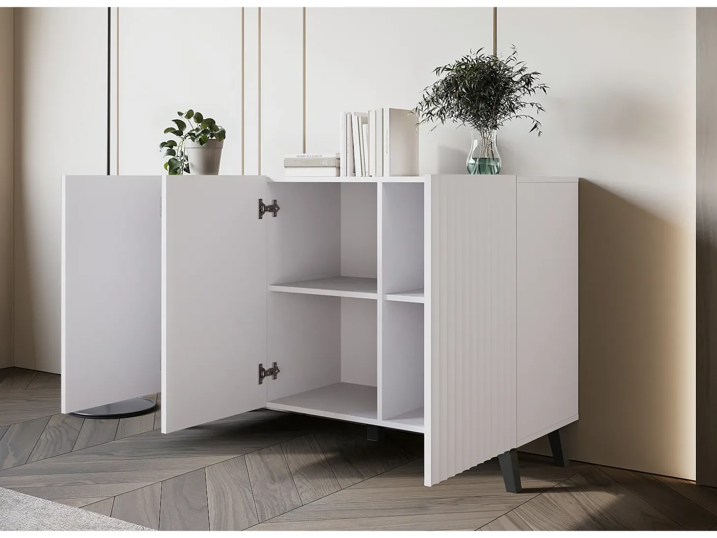 Cómoda moderna 120 cm para sala de estar com pés, branca, frentes em MDF com ranhuras largas