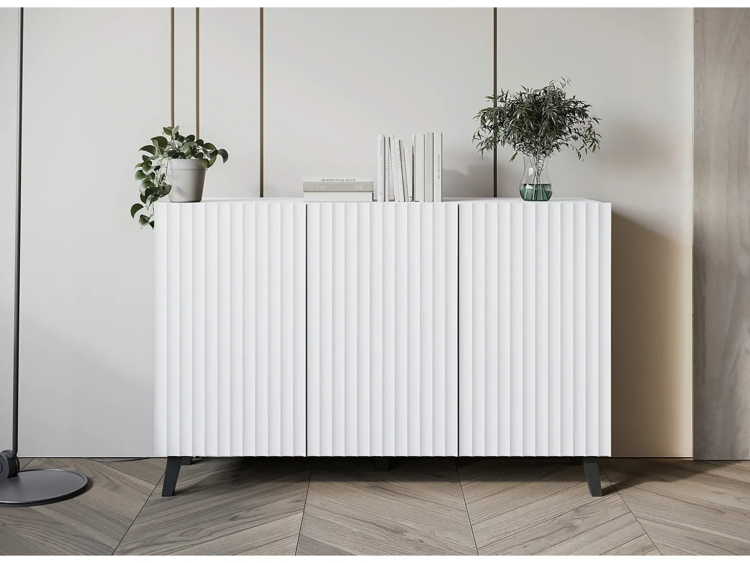 Cómoda moderna 120 cm para sala de estar com pés, branca, frentes em MDF com ranhuras largas
