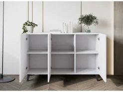 Cómoda moderna 120 cm para sala de estar com pés, branca, frentes em MDF com ranhuras largas