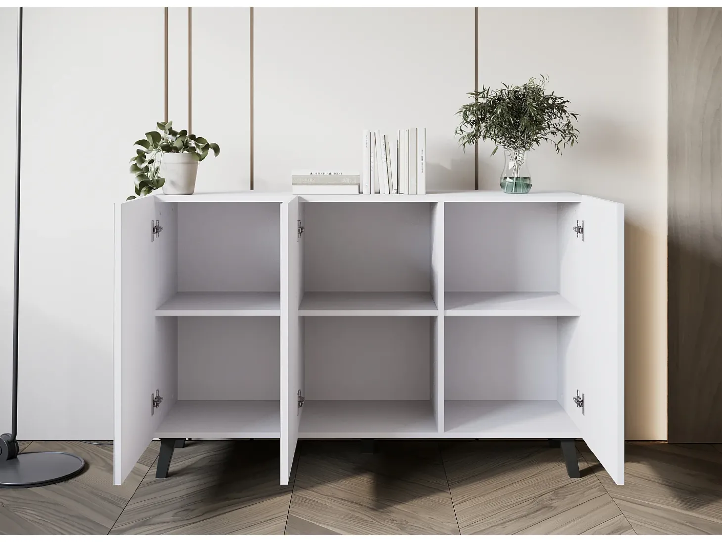 Cómoda moderna 120 cm para sala de estar com pés, branca, frentes em MDF com ranhuras largas