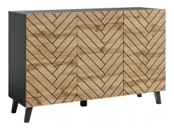 Cómoda moderna 120 cm para sala de estar com pés, grafite preto, frentes em MDF carvalho wotan em espinha de peixe