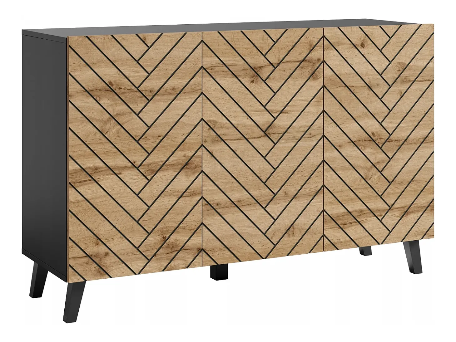 Cómoda moderna 120 cm para sala de estar com pés, grafite preto, frentes em MDF carvalho wotan em espinha de peixe
