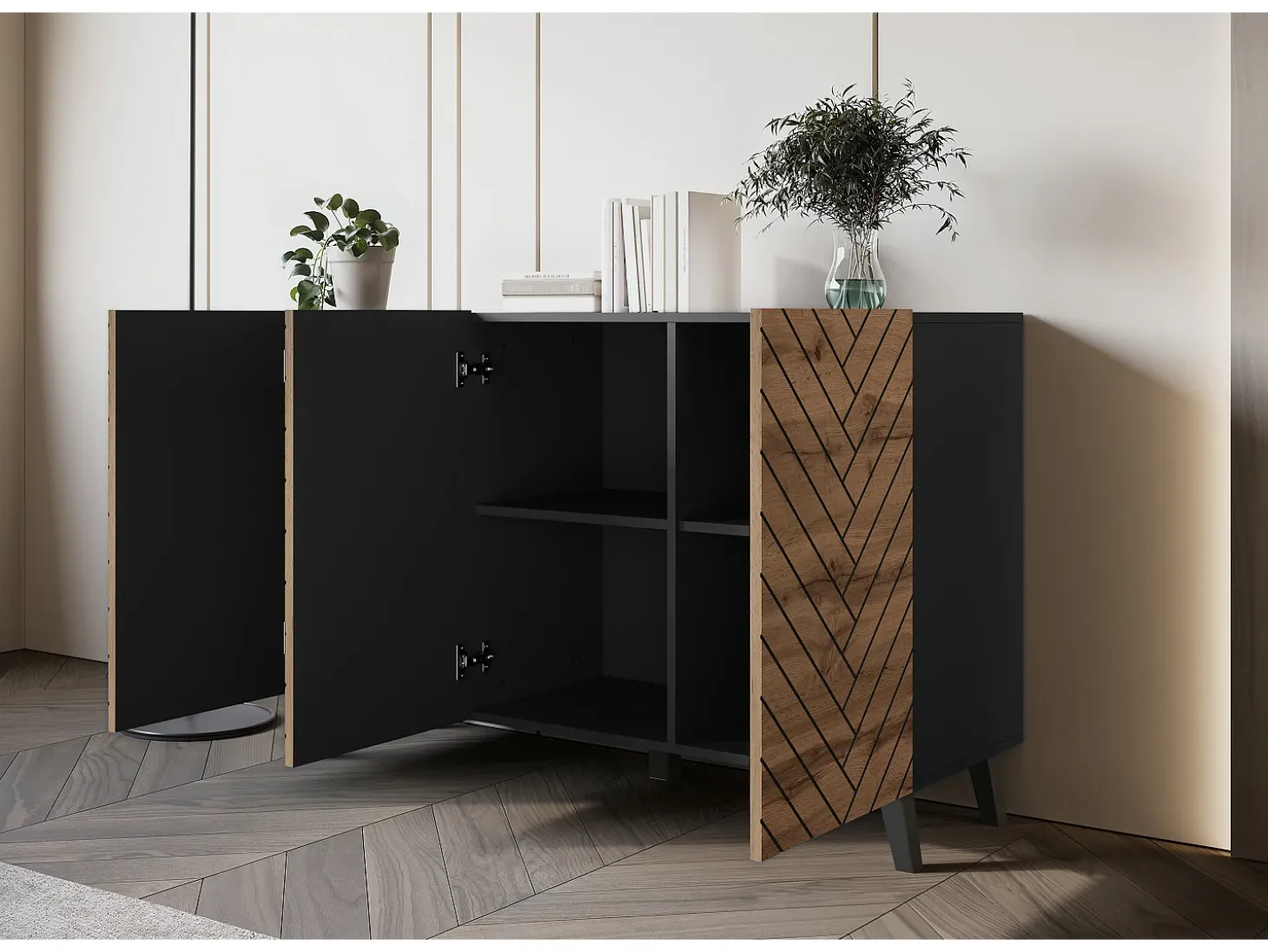 Cómoda moderna 120 cm para sala de estar com pés, grafite preto, frentes em MDF carvalho wotan em espinha de peixe