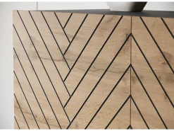 Cómoda moderna 120 cm para sala de estar com pés, grafite preto, frentes em MDF carvalho wotan em espinha de peixe