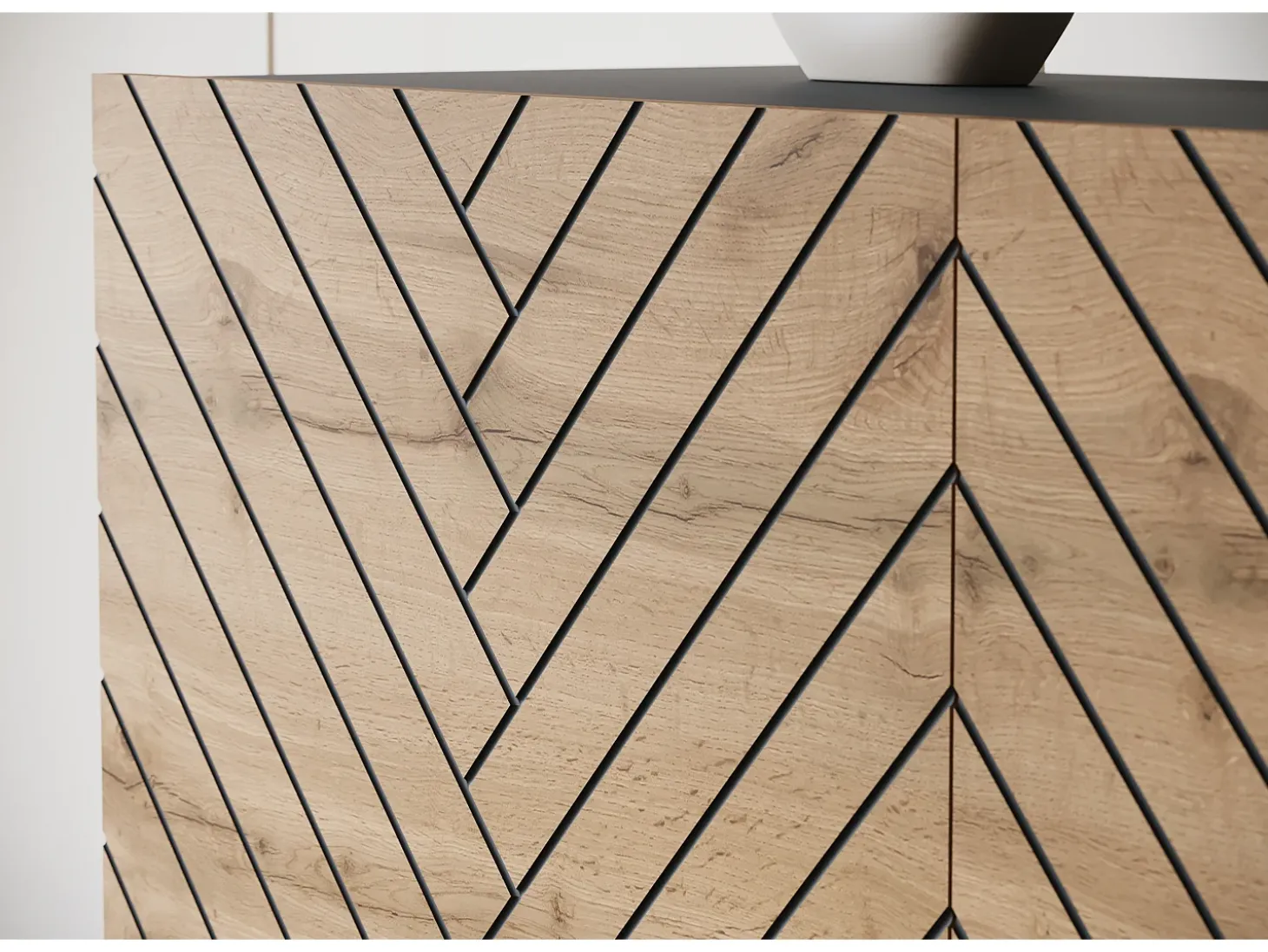 Cómoda moderna 120 cm para sala de estar com pés, grafite preto, frentes em MDF carvalho wotan em espinha de peixe