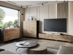 Cómoda moderna 120 cm para sala de estar com pés, grafite preto, frentes em MDF carvalho wotan em espinha de peixe
