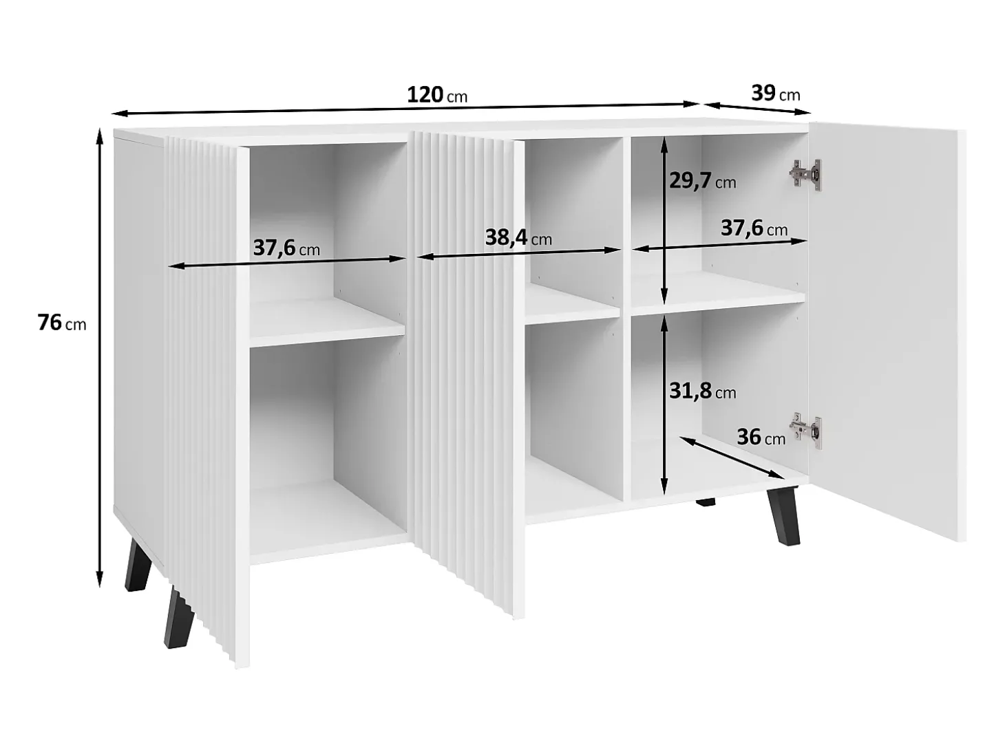 Cómoda moderna 120 cm para sala de estar com pés, grafite preto, frentes em MDF carvalho wotan em espinha de peixe