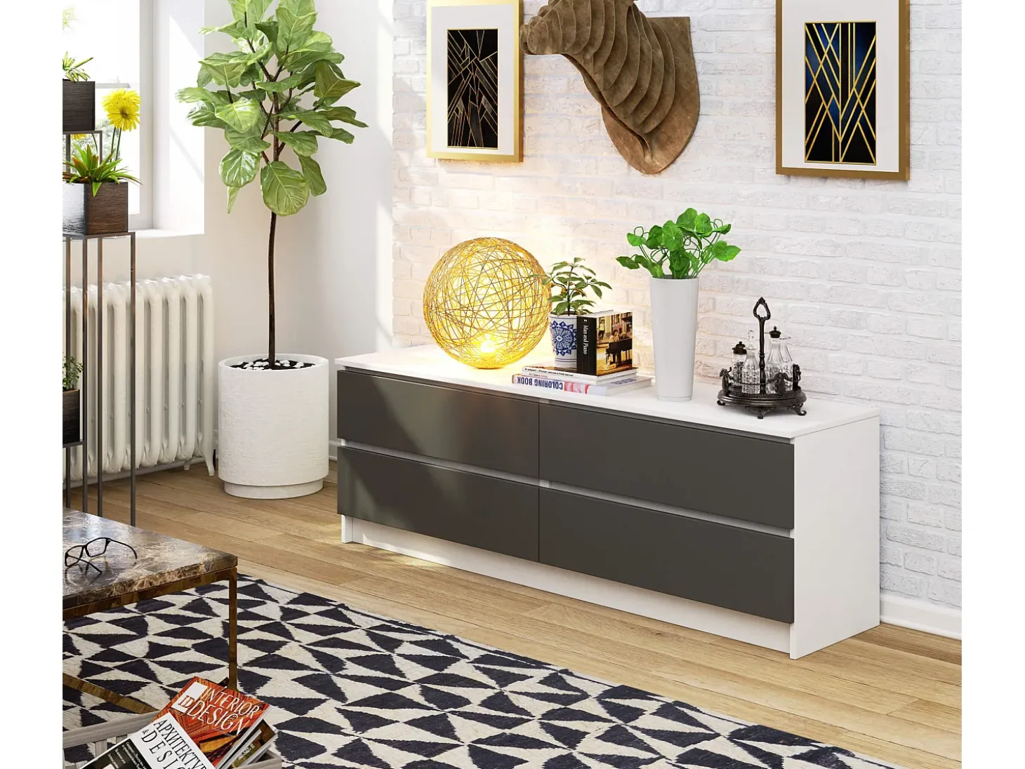 Cômoda Moderna Bicolor | 4 Gavetas | Branco & Cinza Fosco | 160 cm
