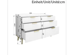 Cômoda moderna com 6 gavetas e pés com efeito madeira - 120 x 40 x 76,5 cm - para sala de estar/quarto/corredor - aglomerado - branca