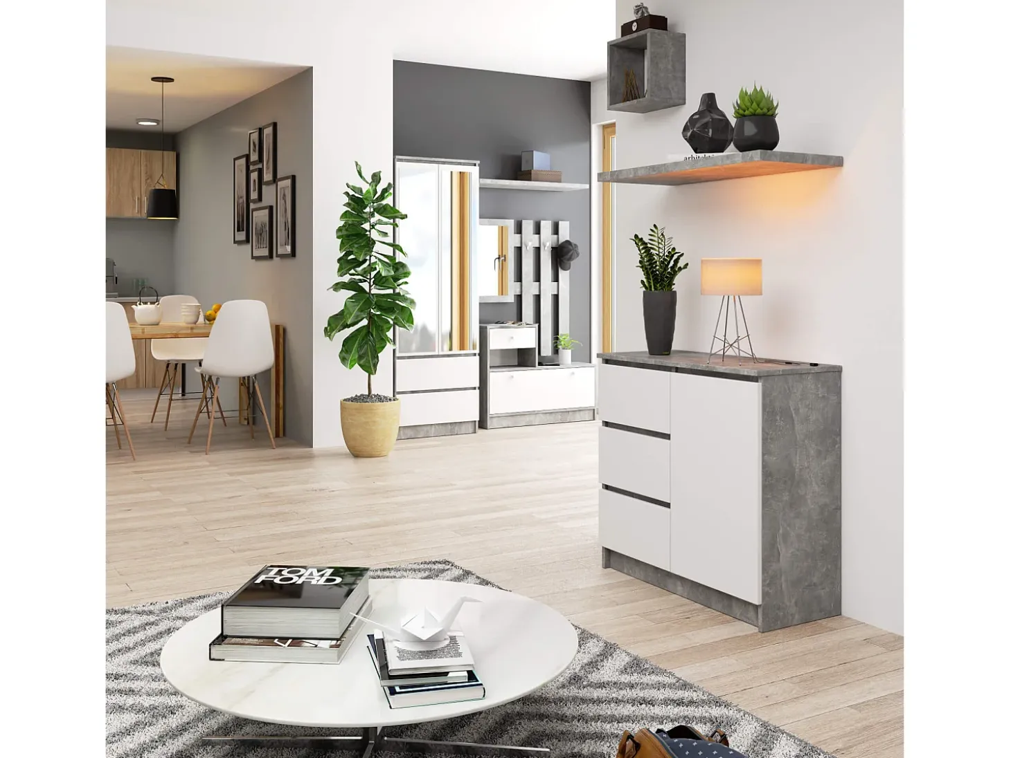 Cômoda Moderna K80 Jerry com 3 Gavetas e Porta, 80cm, Branco/Beton, Auto Montagem