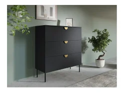 Cômoda MONDO – Preto estruturado e dourado – 3 gavetas – Pés de metal – Design moderno e funcional