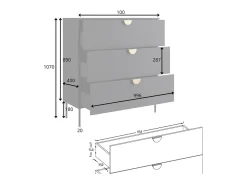 Cômoda MONDO – Preto estruturado e dourado – 3 gavetas – Pés de metal – Design moderno e funcional