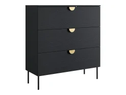 Cômoda MONDO – Preto estruturado e dourado – 3 gavetas – Pés de metal – Design moderno e funcional
