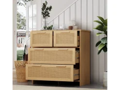 Cómoda natural clara com 4 gavetas em vime e puxadores em madeira, 80x38x80cm