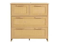 Cómoda natural clara com 4 gavetas em vime e puxadores em madeira, 80x38x80cm